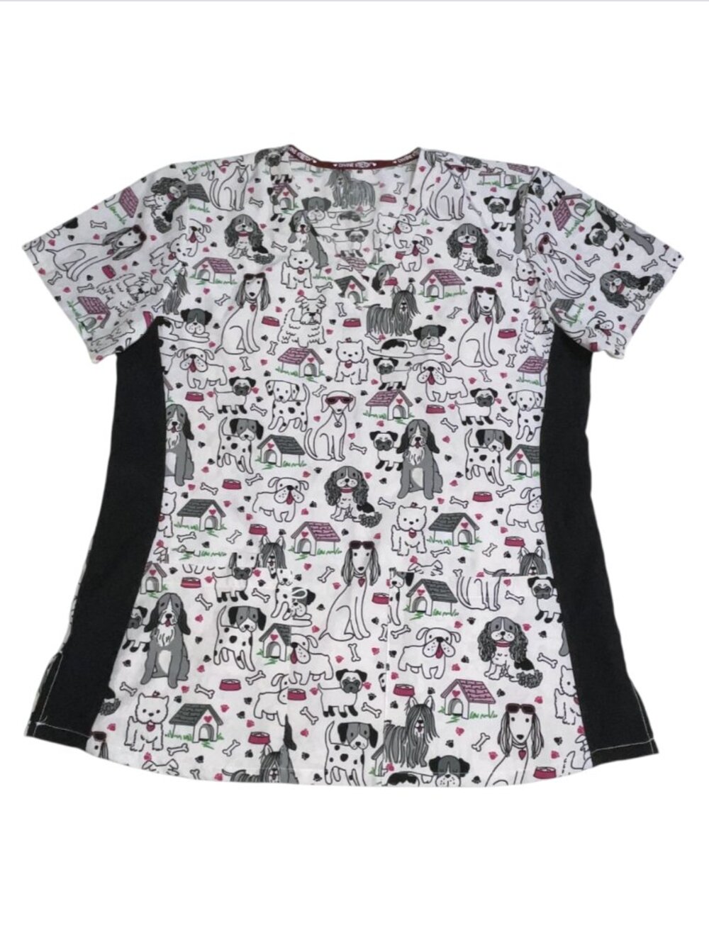 Womens Small Scrub Shirt Dog Lovers Heart Nurse Vet Tech Black White Stretch